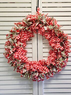 Hand Crafted Farmhouse Country Shabby Chic Fabric Rag Wreath Gingham Strawberry